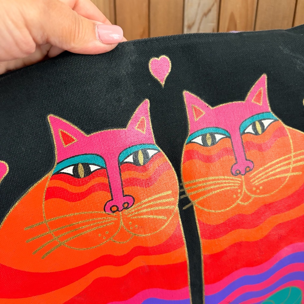 Laurel Burch Colorful Cat Canvas Tote Bag Large Folk Art Cats Like New - Picture 6 of 11
